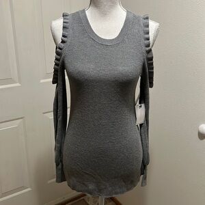 NWT 1. State Dramatic Pause Light Heather Grey Cold Shoulder Ruffle Sweater XS